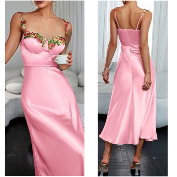 Luxe Floral Embroidered Satin Midi Evening party Midi Dress - Picture 7 of 9